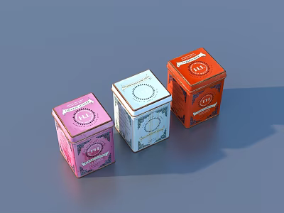 Three Colorful Square Storage Tins For Daily Necessities With Decorative Labels 3d model