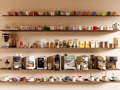 Display of Various Coffee Machines Cups and Jars on Multiple Shelves 3d model