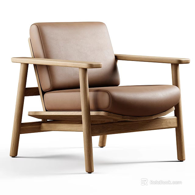 Brown Leather Leisure Chair with Wooden Armrests and Modern Simple Design 3d model 