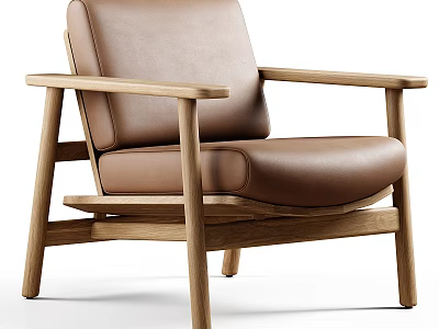 Brown Leather Leisure Chair with Wooden Armrests and Modern Simple Design 3d model