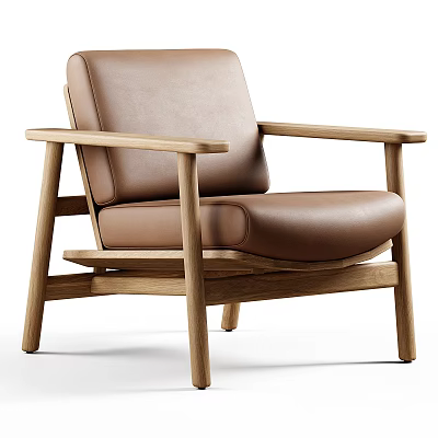 Brown Leather Leisure Chair with Wooden Armrests and Modern Simple Design 3d model