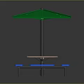 Outdoor Table With Green Canopy Square Tabletop Blue Benches And Metal Frame