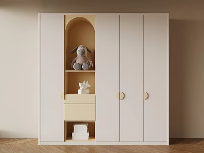 Modern White Wardrobe With Open Shelves Drawers And Round Knobs Design 3d model