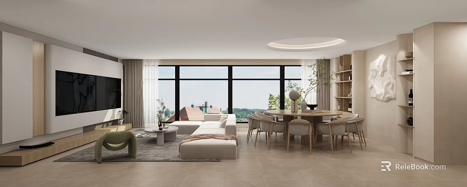 Modern Open Living Dining Room Interior With Sofa Dining Table Chairs And Large Windows 3d model