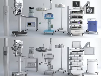 Various Medical Devices Including Mobile Carts Surgical Lights And Examination Equipment 3d model