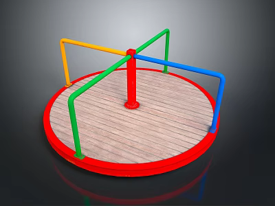 Playground Spinning Platform With Colorful Railings Red Base And Wooden Surface 3d model