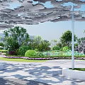 Serene Garden Landscape With Rock Features Pond Greenery And Umbrella Shaded Tables