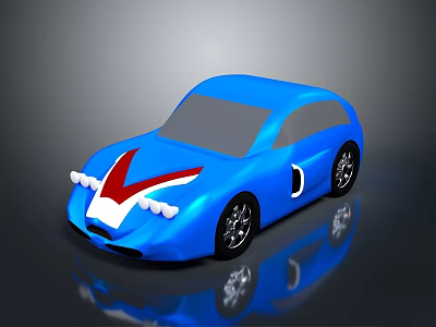 Stylish Blue Toy Car With Red V Shaped Logo White Decorations And Black Wheels 3d model