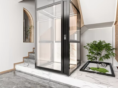 Modern Indoor Home Elevator Featuring Glass Door Black Frame And Green Plant By Staircase 3d model