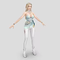 Woman With Blonde Hair In Light Blue Strapless Top White Tight Pants And White Boots