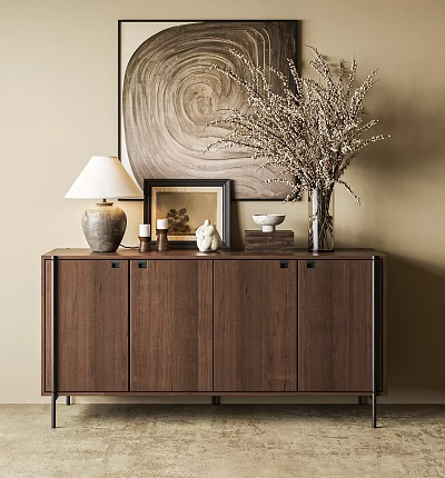 Minimalist Modern Wooden Entryway Side Cabinet With Lamp Framed Art And Dried Flowers Decor 3d model