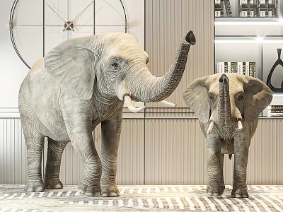 Realistic Adult and Baby Elephant Figurines in Modern Indoor Decorative Space with Bookshelves 3d model