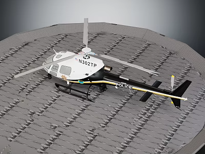 White And Black Police Helicopter N927TP Parked On Grid Patterned Helipad Surface 3d model