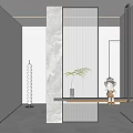 Modern Entryway Design With Marble Wall Linear Lighting Green Plant Floating Shelf And Doll Decoration