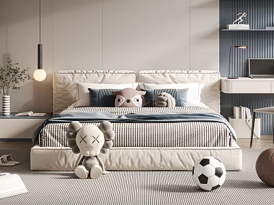 Modern Bedroom Double Bed With Beige Blue Striped Sheets Pillows Stuffed Toys And Soccer Basketball 3d model