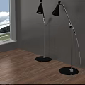 Modern Black Shade Floor Lamps With Curved Silver Poles And Wall Light Shadows