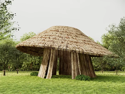 Mushroom Shaped Thatched Roof Structure With Wooden Pillars Surrounded By Green Grass And Trees 3d model