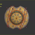 Ornate Golden Shield with Green Center Decorative Patterns Riveted Edges and Spikes
