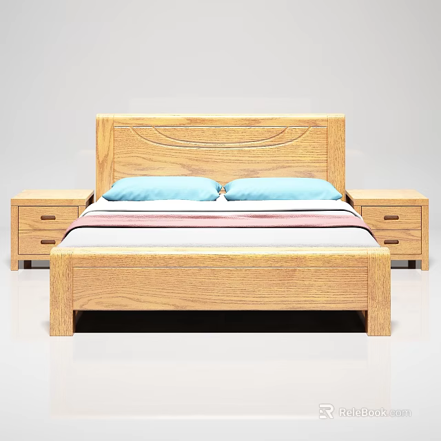 Wooden Double Bed With Wavy Headboard Blue Pillows And Drawer Nightstands 3d model 