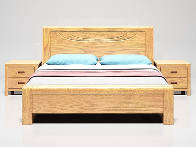 Wooden Double Bed With Wavy Headboard Blue Pillows And Drawer Nightstands 3d model