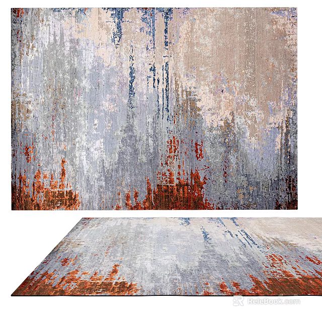 Modern Abstract Square Rug with Gray Blue Red Distressed Artistic Patterns 3d model 