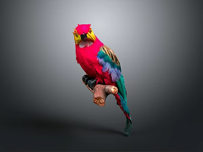 Colorful Parrot with Vibrant Red Green Yellow Feathers Perched on Wooden Branch Against Gray Background 3d model