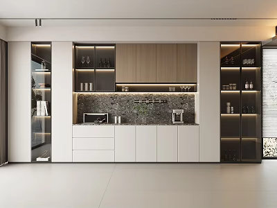 Modern Home Wine Cabinet With Glass Doors LED Lighting And Wooden Storage Cabinets 3d model