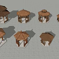 Various Wooden Pavilions With Hexagonal Octagonal Shapes Brown Tiled Roofs White Bases On Gray Ground