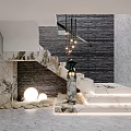 Modern Staircase Interior With Illuminated Marble Steps Hanging Lights And Stone Wall 3d model