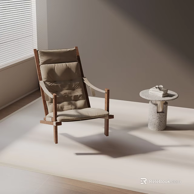 Modern Leisure Chair With Wooden Frame Beige Cushion And Side Table By Window 3d model 