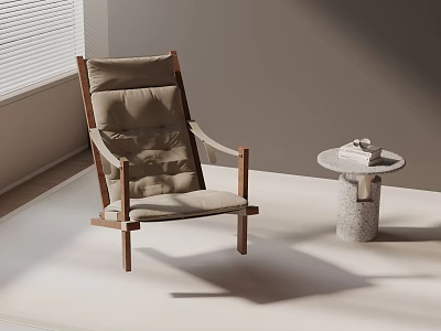 Modern Leisure Chair With Wooden Frame Beige Cushion And Side Table By Window 3d model