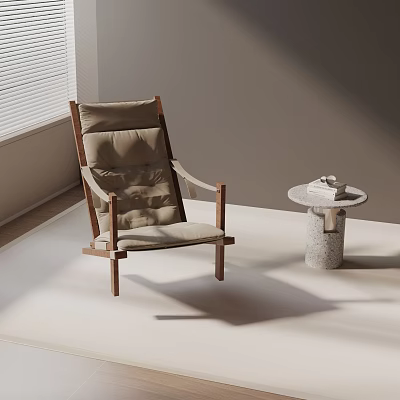 Modern Leisure Chair With Wooden Frame Beige Cushion And Side Table By Window 3d model