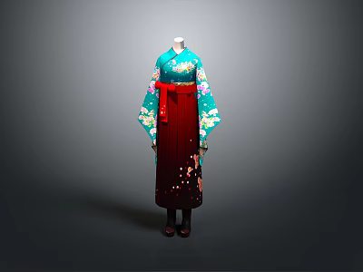 Traditional Japanese Kimono With Teal Sleeves Red Obi And Floral Patterns 3d model