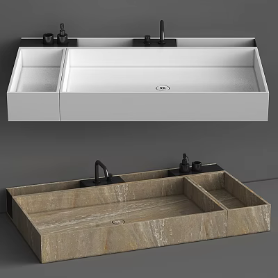 Modern Double Basin Washbasin With White And Wooden Texture Design And Faucet 3d model