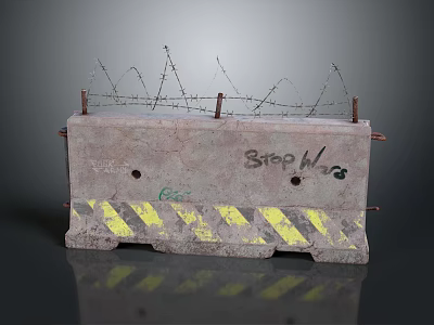 Concrete Barrier With Barbed Wire Stop War Graffiti And Yellow Black Warning Stripes 3d model