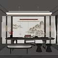 Traditional Chinese Tea Room Featuring Landscape Painting Backdrop Tea Table Sets Seats And Lighting