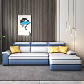 Modern Blue White Sectional Storage Sofa With Yellow Cushions And Plant In Living Room