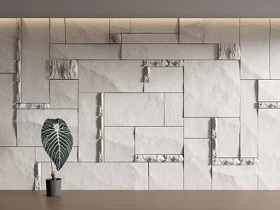 Modern Natural Stone Background Wall Design With Texture And Green Leaf Plant Decor 3d model