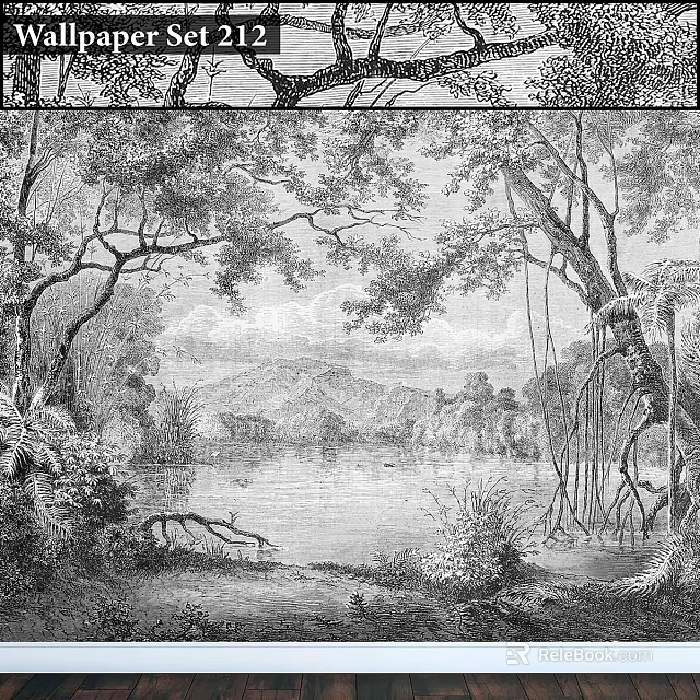 Natural Landscape Components Featuring Trees Lake Distant Mountains And Boat In Drawing 3d model 