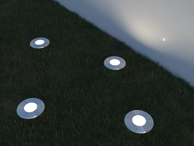 Round Recessed Outdoor Lights Installed In Grass Illuminating Lawn And Wall With Silver Finish 3d model