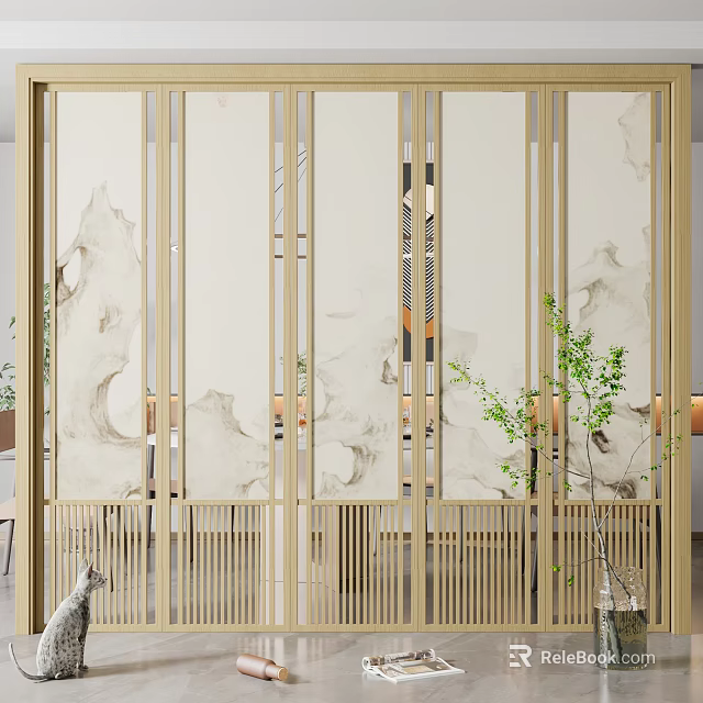 Chinese Style Room Divider With Golden Frame Landscape Painting Pattern And Indoor Green Plants 3d model 