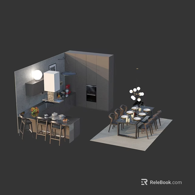 Modern Dining Table Set With Chairs Pendant Light And Kitchen Interior 3d model 