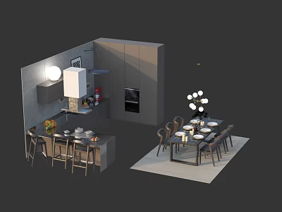 Modern Dining Table Set With Chairs Pendant Light And Kitchen Interior 3d model
