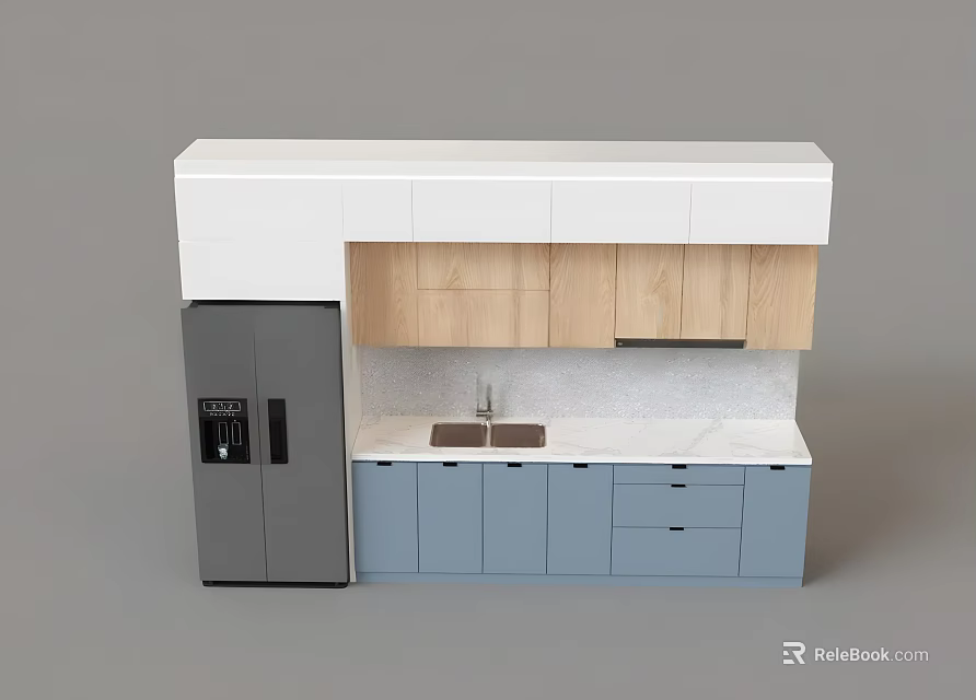 Modern Kitchen With Light Wood Upper Blue Lower Cabinets White Countertop Sink And Gray Fridge 3d model 