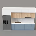 Modern Kitchen With Light Wood Upper Blue Lower Cabinets White Countertop Sink And Gray Fridge