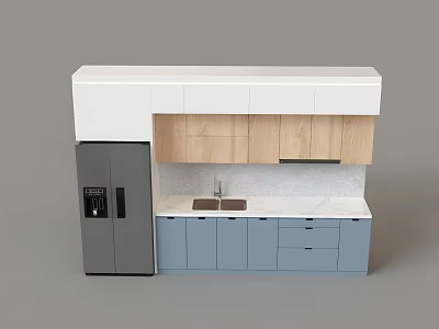 Modern Kitchen With Light Wood Upper Blue Lower Cabinets White Countertop Sink And Gray Fridge 3d model