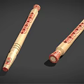 Traditional Bamboo Musical Instruments and Painting Tools with Carved Red Floral Patterns