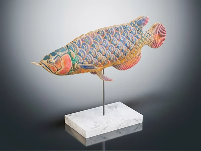 Decorative Ornament Set With Colorful Fish Shaped Figurine On White Marble Base 3d model