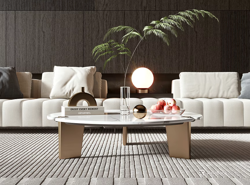 Modern Coffee Table with Marble Top Metal Legs Books and Fruits Near White Sofa 3d model 