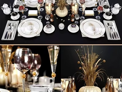 Elegant Formal Dining Tableware Set With Plates Wine Glasses Cutlery Decorative Pumpkins Dried Plants And Candles 3d model